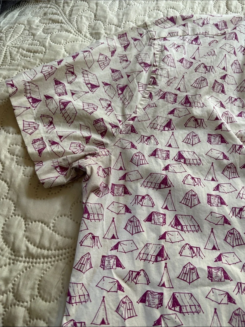 J Crew Men's Short-Sleeve Printed Camp Shirt in Cream and Magenta